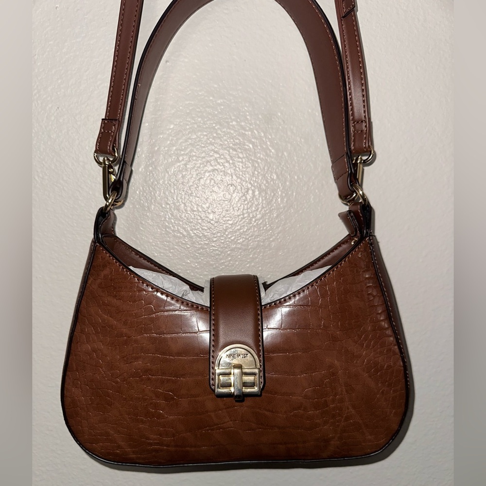 Nine West Brown Croc-Embossed Shoulder Bag
